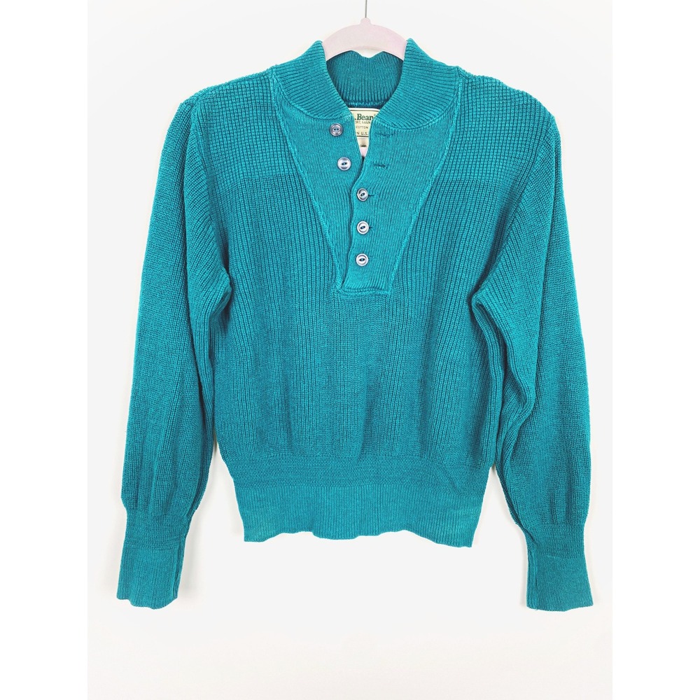 L. L. Bean Vintage Teal Blue Henley Sweater Mock Neck Small